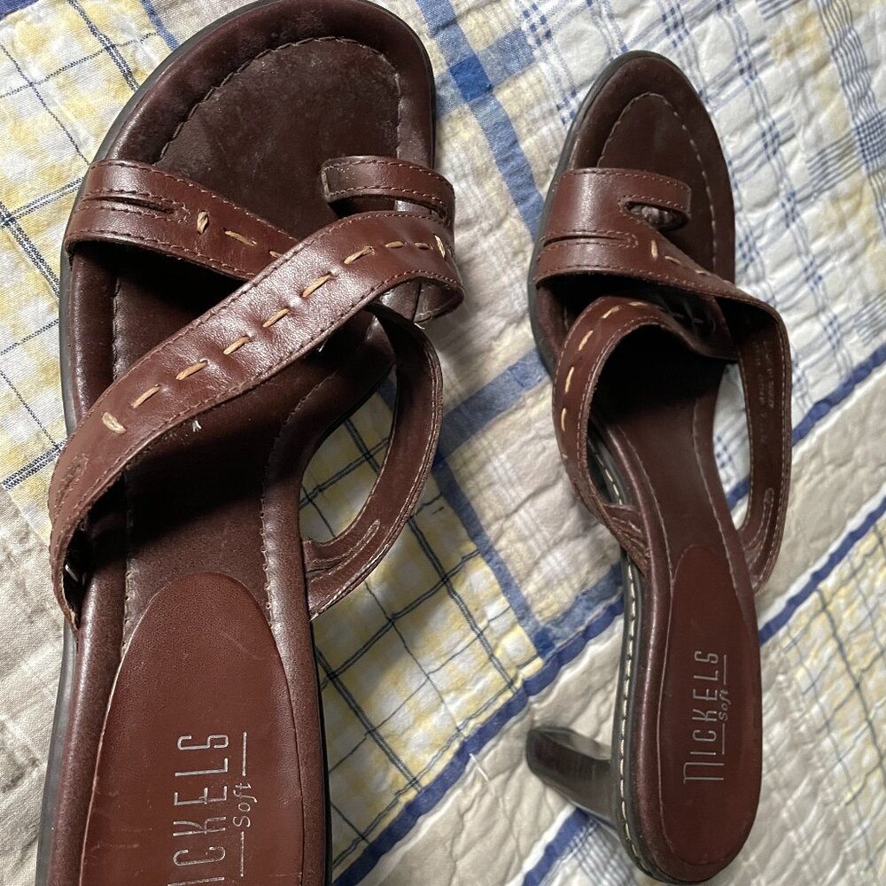 Brown slide sandals with heels